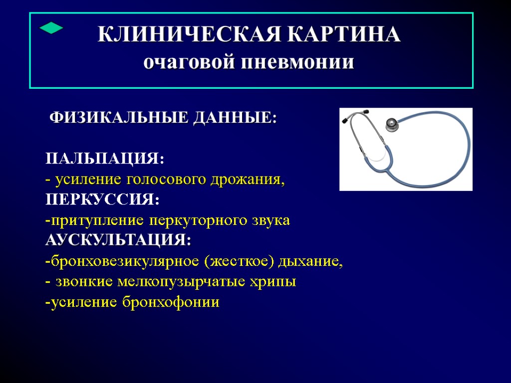 КЛИНИЧЕСКАЯ КАРТИНА очаговой пневмонии ФИЗИКАЛЬНЫЕ ДАННЫЕ: ПАЛЬПАЦИЯ: усиление голосового дрожания, ПЕРКУССИЯ: притупление перкуторного звука